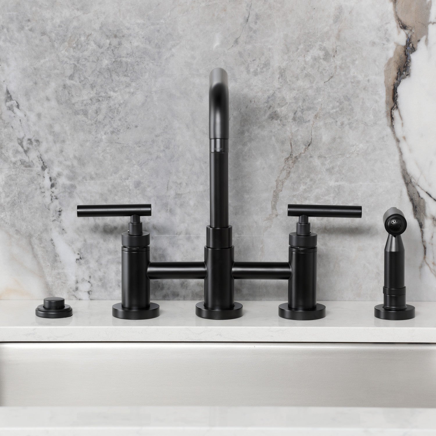 Kingston Sona KS8280CMLBS - Manhattan Two-Handle 4-Hole Deck Mount Bridge Kitchen Faucet with Brass Sprayer, Matte Black — thumbnail 3